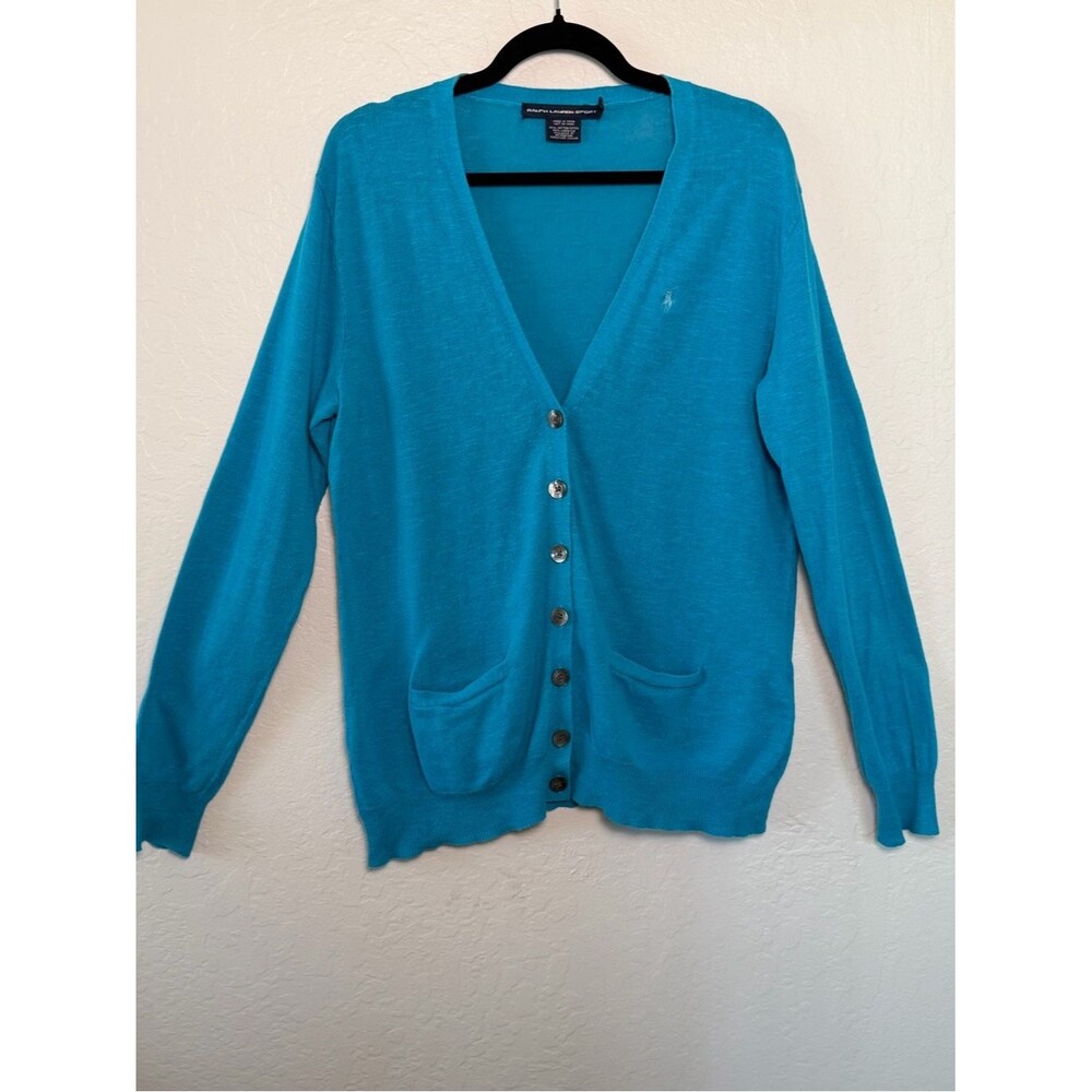Ralph Lauren Sport Teal V-Neck Button Cardigan Cotton Linen XL Pony Logo Preppy - Picture 2 of 15